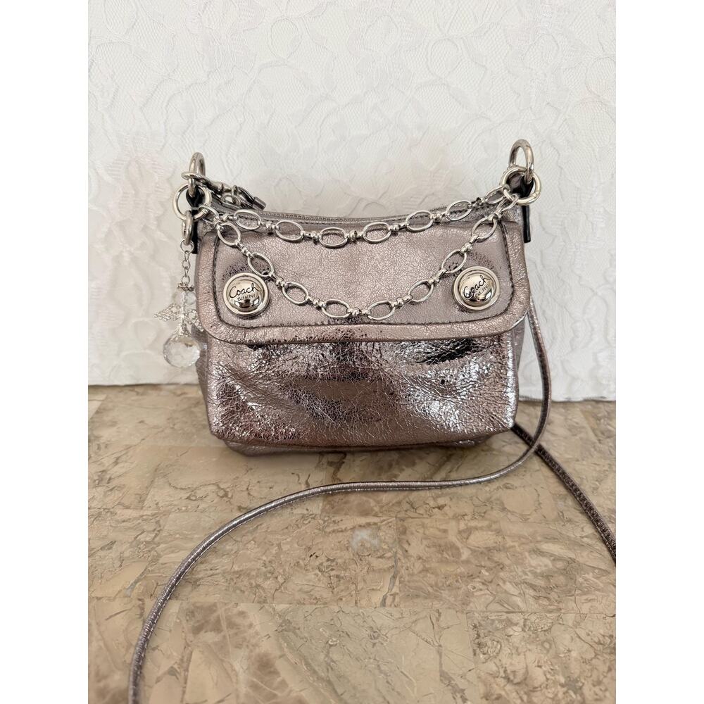 Coach Poppy metallic silver gray Leather mini crossbody Shoulder bag